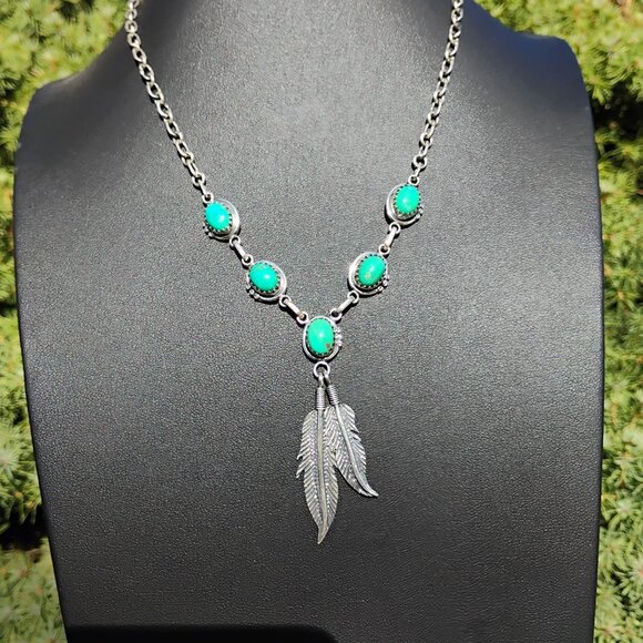 Southwest Native Style Turquoise Sterling Silver Feather Dangle Lariat Necklace - Picture 2 of 9